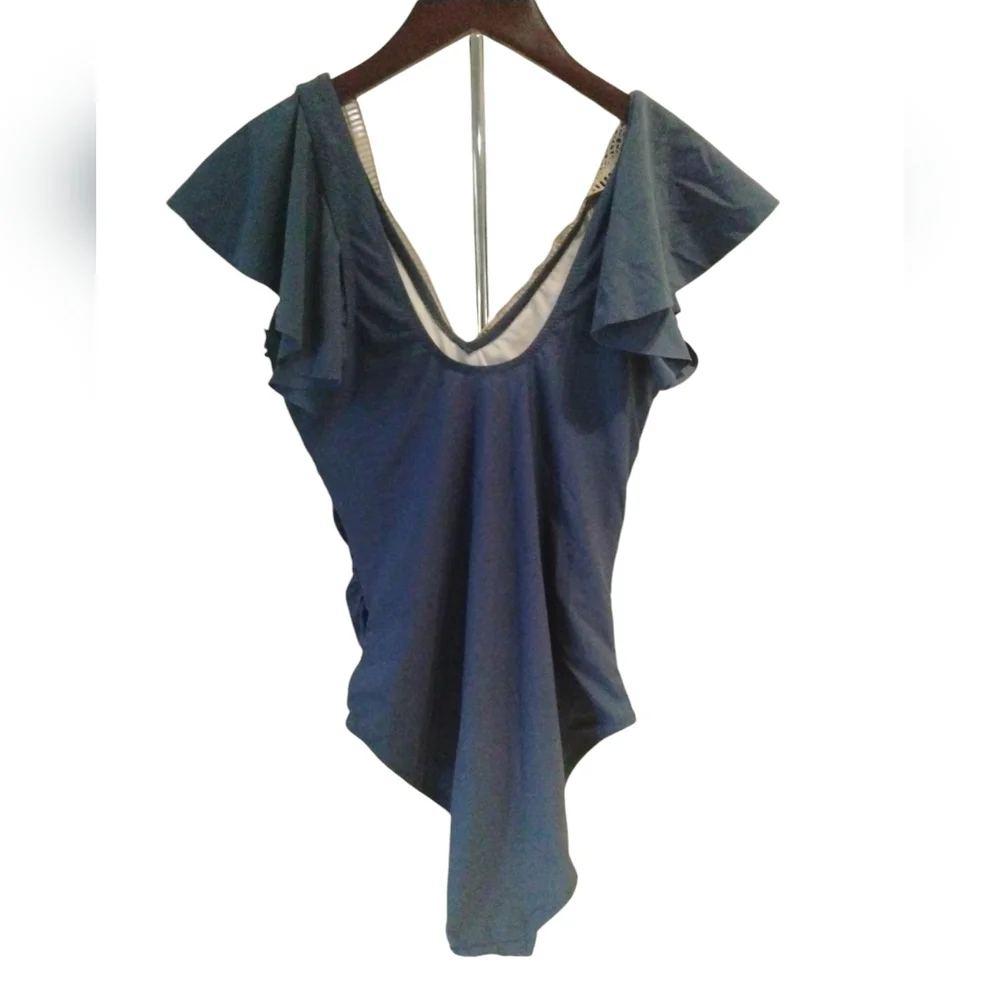 Tummy Control Bathing Suit Slimming‎ Ruffle  One Piece Lace blue SZ M NWOT